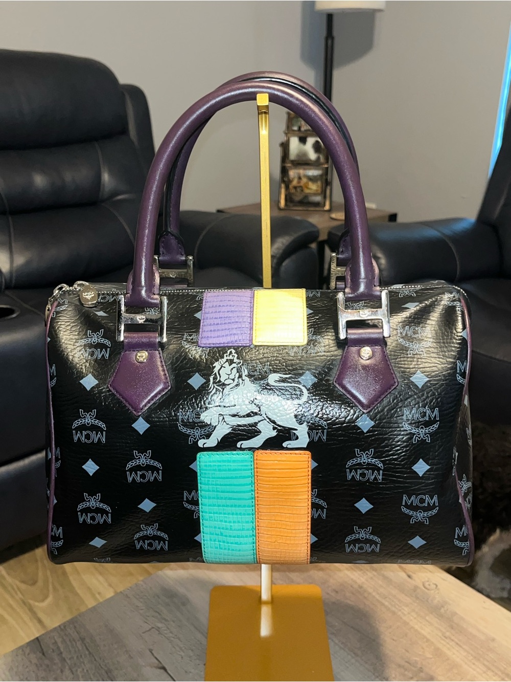 MCM Black Patent Leather Satchel with Purple Handles and Multicolor Patches